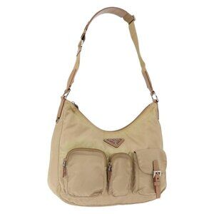 Authentic PRADA Shoulder Bag Nylon Beige Silver